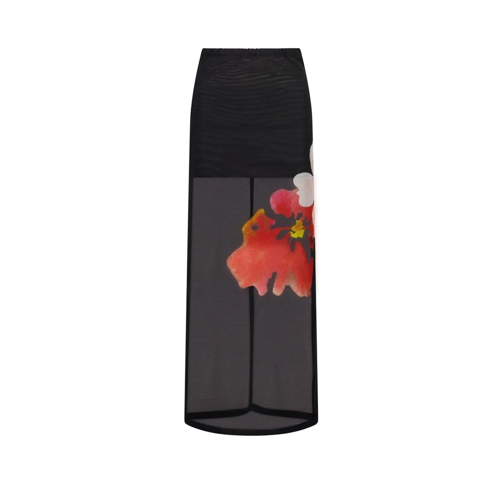 With Harper Lu Black Mesh Floral Maxi Skirt XS Sheer Poppy Print Back Slit